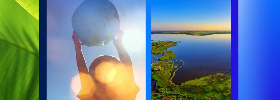 three panels of climate and sustainability related images with greenery, water and a child holding a globe